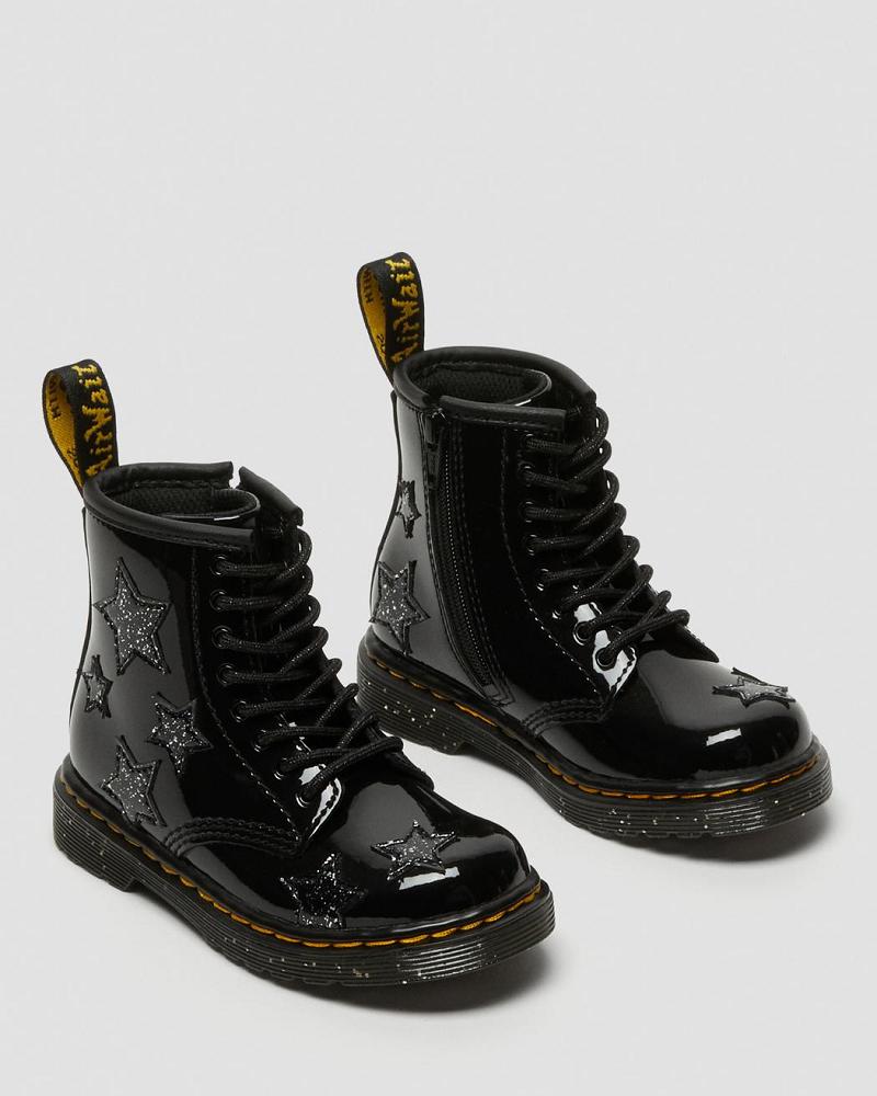 Dr Martens Toddler 1460 Glitter Star Lak Snørestøvler Børn Sort | DK 694XYU